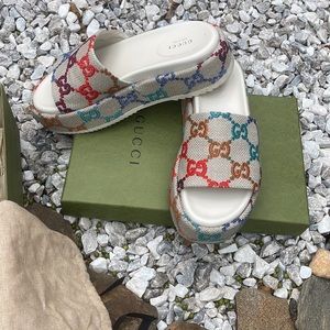 Gucci Women's Angelina Logo-Embroidered Canvas Slides Shoes